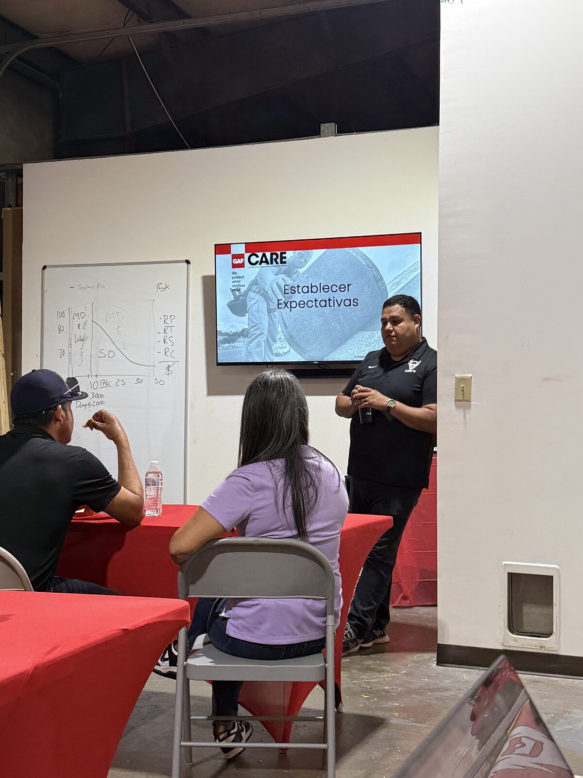 GAF CARE presenter speaking to attendees beside a training slide
